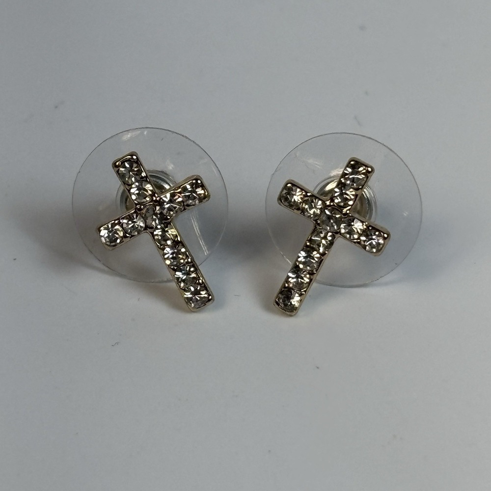 Cross‎ Earrings Religious Crucifix Dainty Rhinestone On Gold Tone Tiny